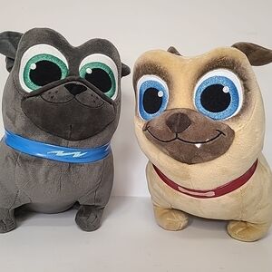 Disney Plush Pug Pair in Gray and Tan with Blue and Red Collars